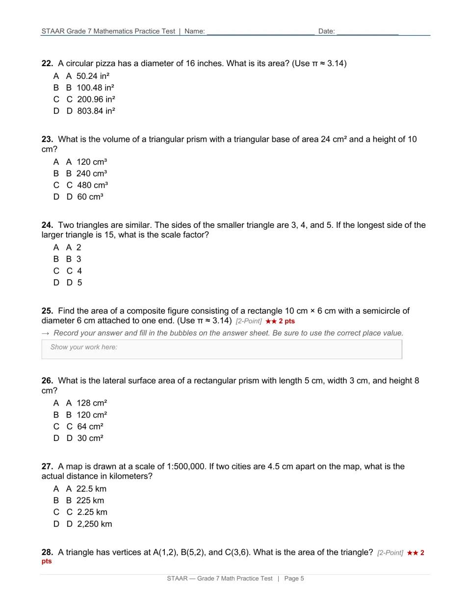 Test page 5: questions 22–28 on circle area, prism volume, similar triangles, surface area and map scale