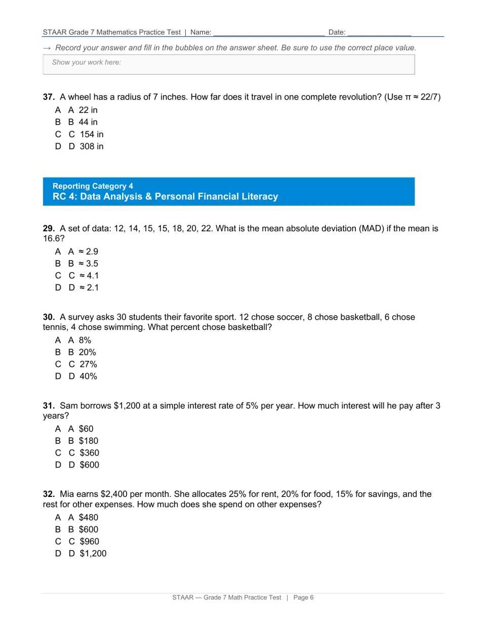 Test page 6: questions 37 and 29–32 on wheel circumference, data deviation, survey results and finances