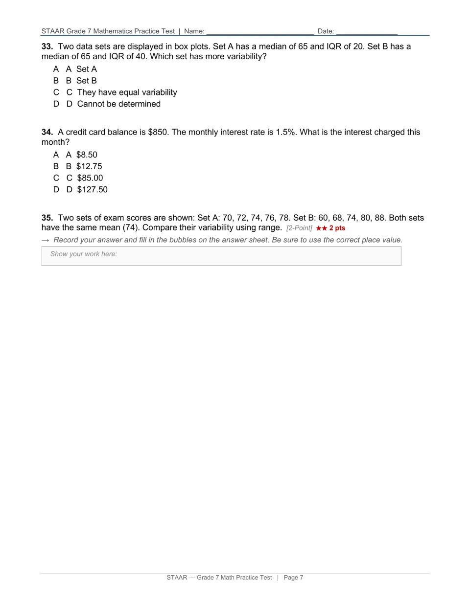 Test page 7: questions 33–35 compare interquartile ranges, calculate credit card interest and compare ranges
