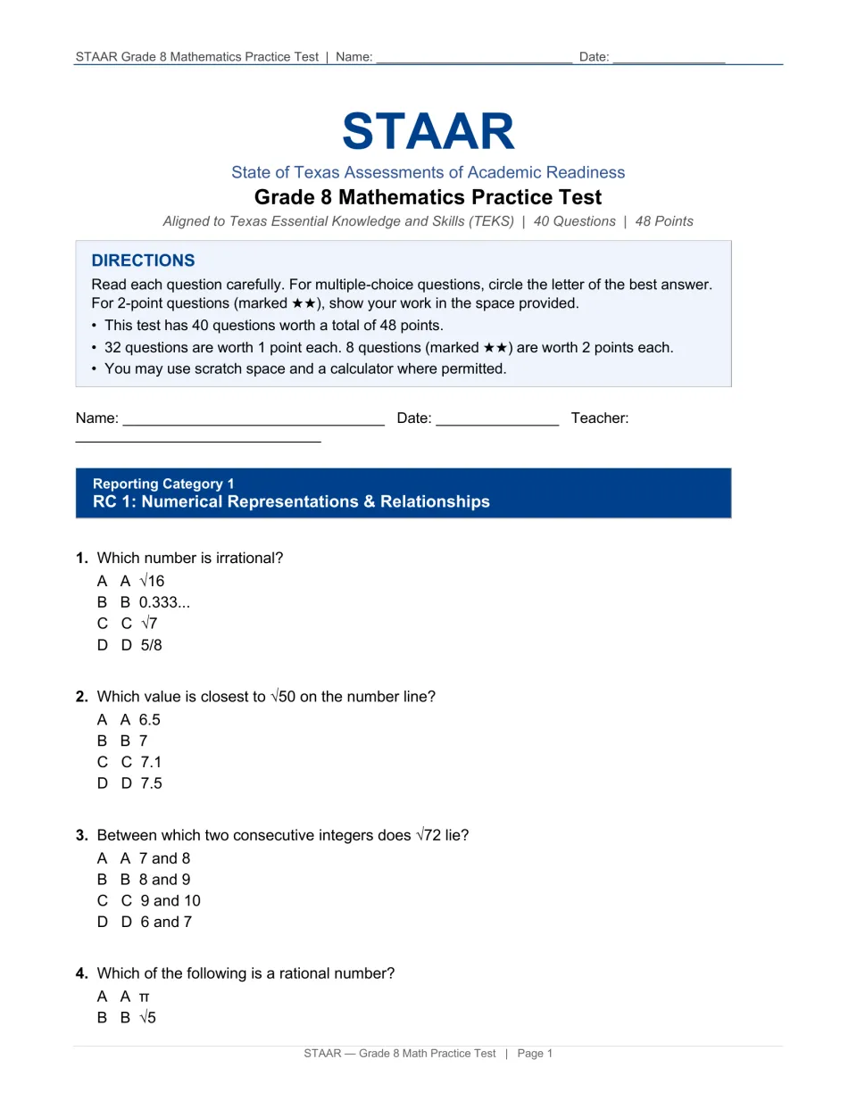 Test page 1: directions for 40 questions worth 48 points, followed by questions 1–4 on rational and irrational numbers