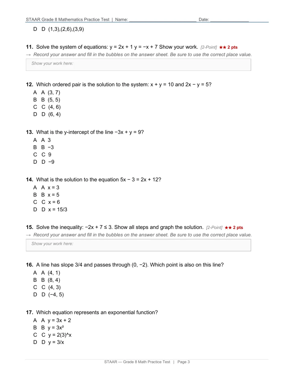 Test page 3: questions 11–17 cover systems of equations, intercepts, an inequality, and exponential functions