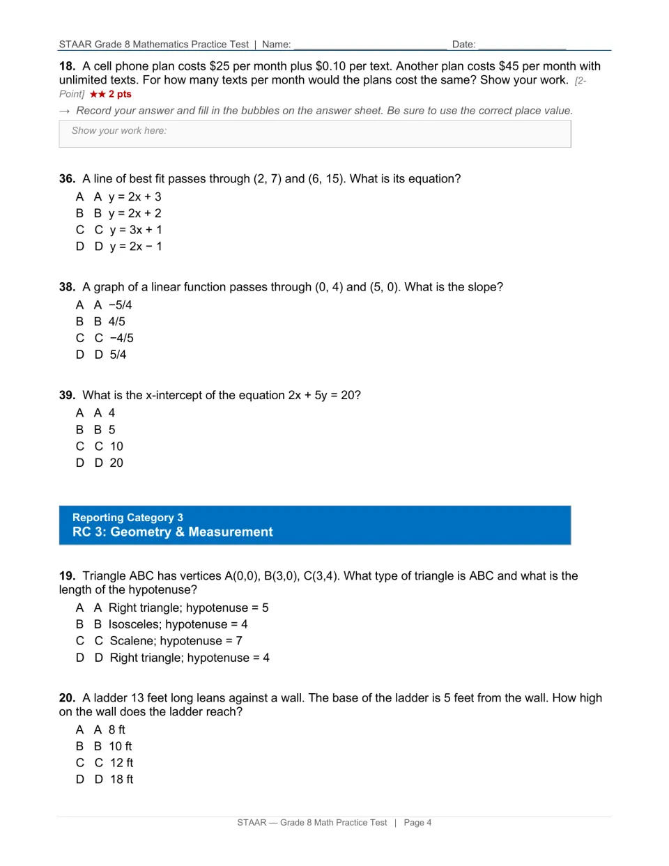 Test page 4: questions 18, 36, 38, and 39 finish algebra; questions 19–20 begin geometry with right triangles
