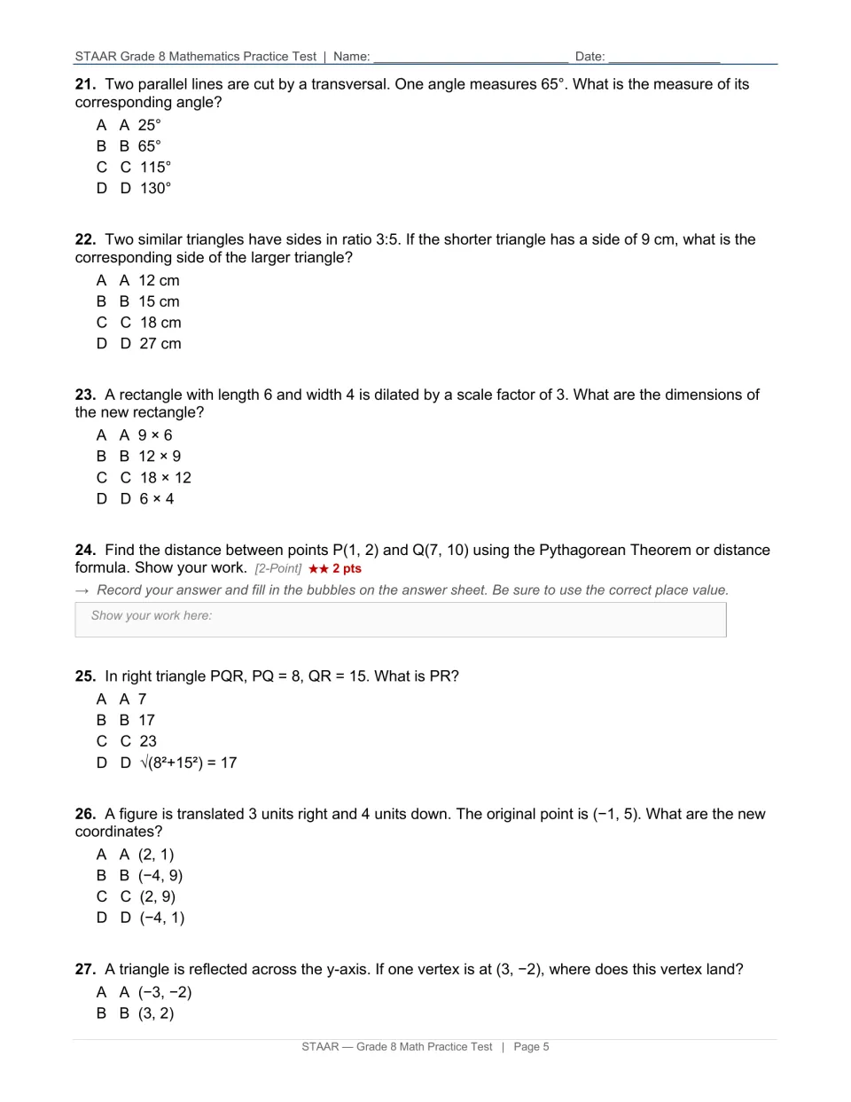 Test page 5: questions 21–27 address corresponding angles, similar triangles, distance, and transformations