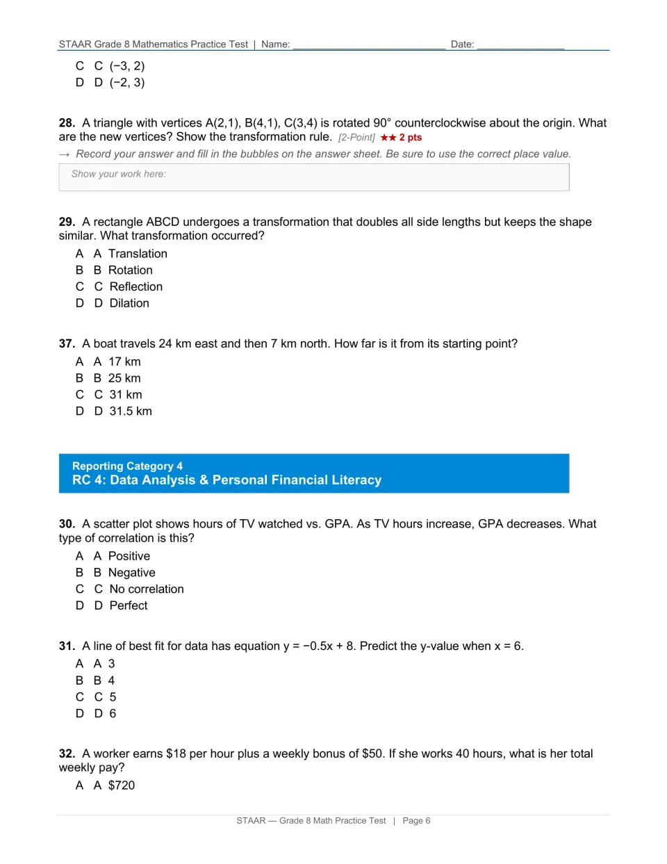 Test page 6: questions 28–29 and 37 finish geometry; questions 30–32 introduce correlation, prediction, and pay