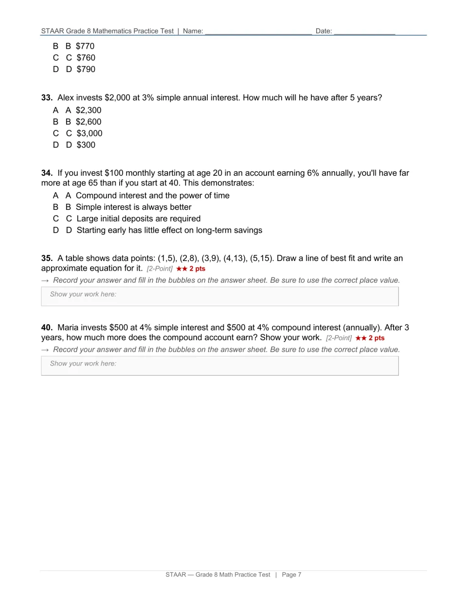 Test page 7: final choices for question 32 and questions 33–35 and 40 on interest, savings, and a best-fit line