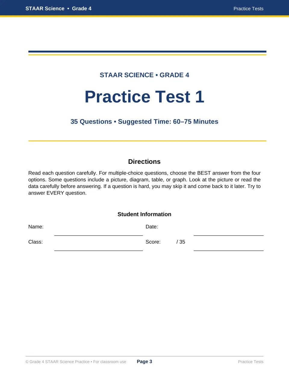 Practice Test 1 opener: 35 questions, 60 to 75 minutes, directions for choosing the best answer, student name and score