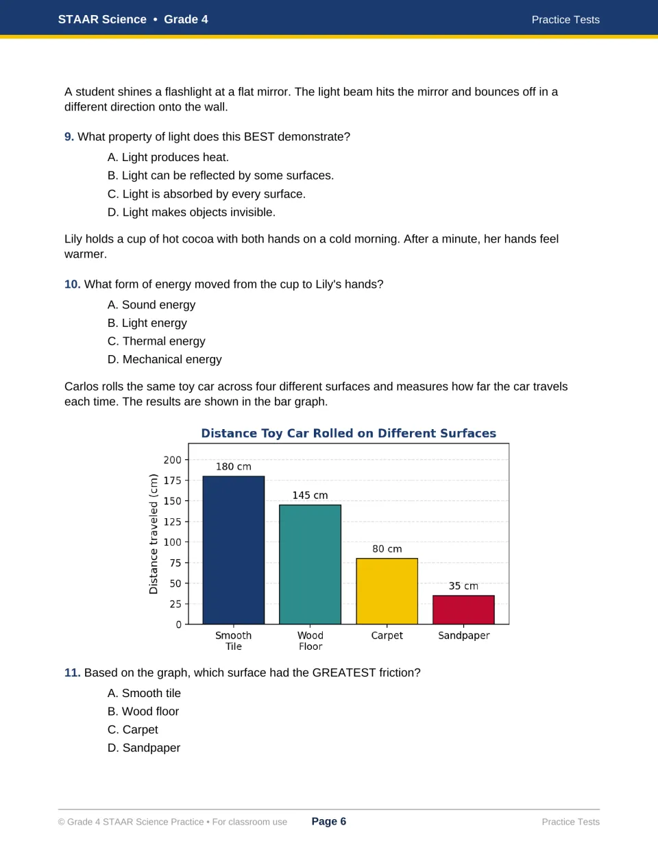 Questions 9-11 on light reflecting off a mirror, thermal energy in cocoa and a bar graph of toy car distance by surface