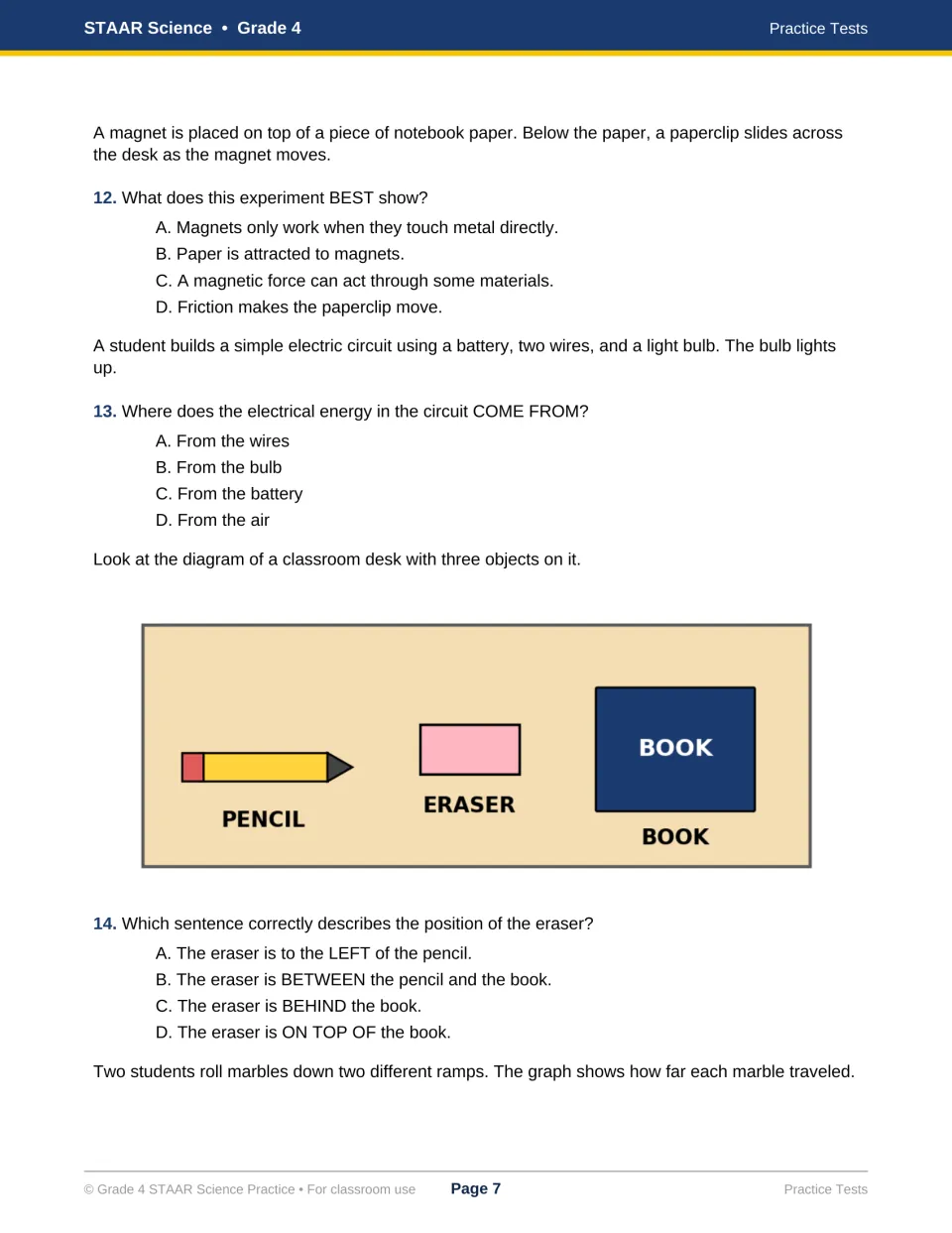 Questions 12-14 on magnetic force through paper, where circuit energy comes from and the eraser's position on a desk