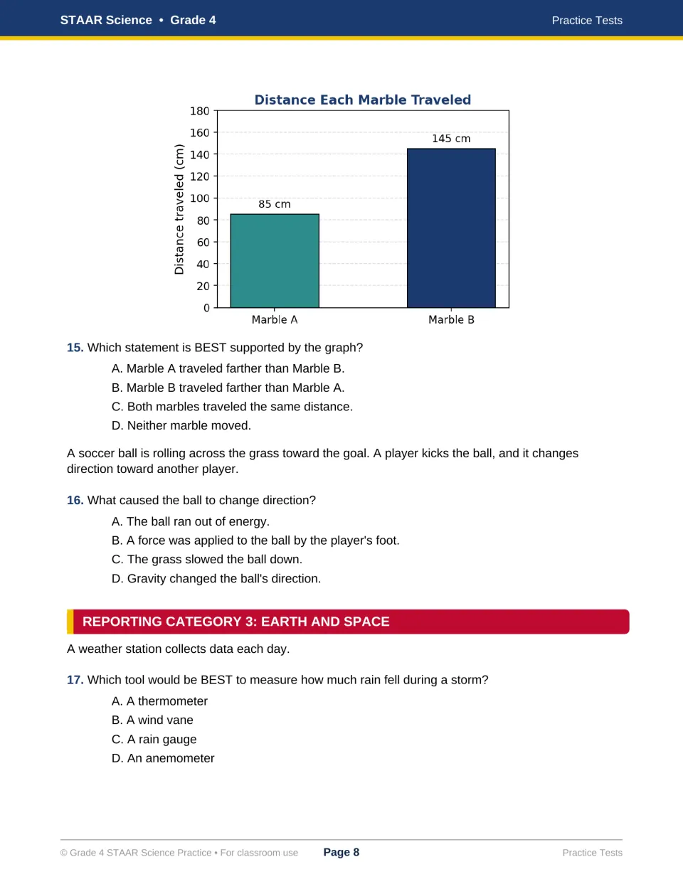 Questions 15-17: reading a marble distance bar graph, a kick changing a ball's direction and choosing a rain gauge