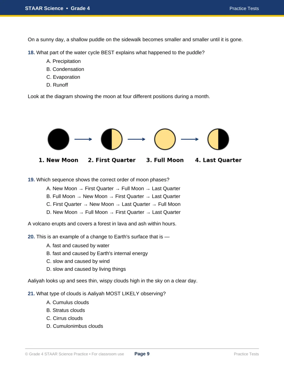 Earth and space questions 18-21 on evaporation, ordering moon phases from a diagram, volcano changes and cirrus clouds