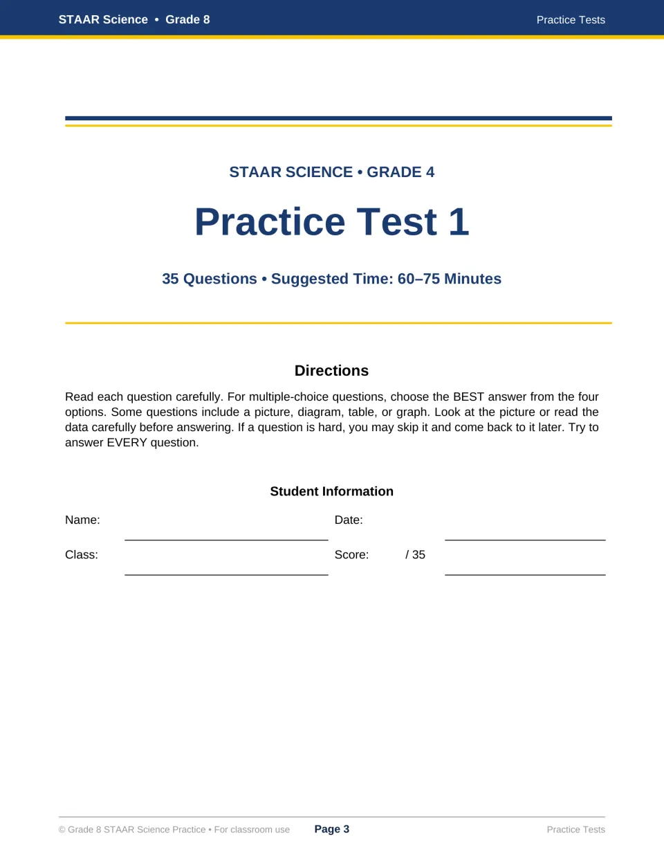 Practice Test 1 opening says Grade 4 and gives directions, 35 questions, and a suggested time of 60–75 minutes