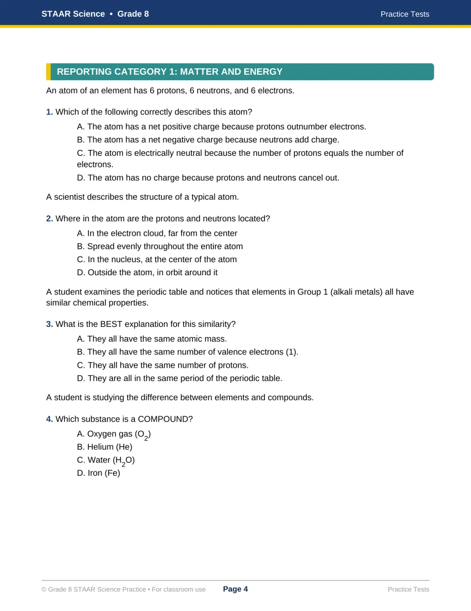 Test 1 questions 1–4 cover atomic charge, the nucleus, Group 1 valence electrons, and identifying a compound