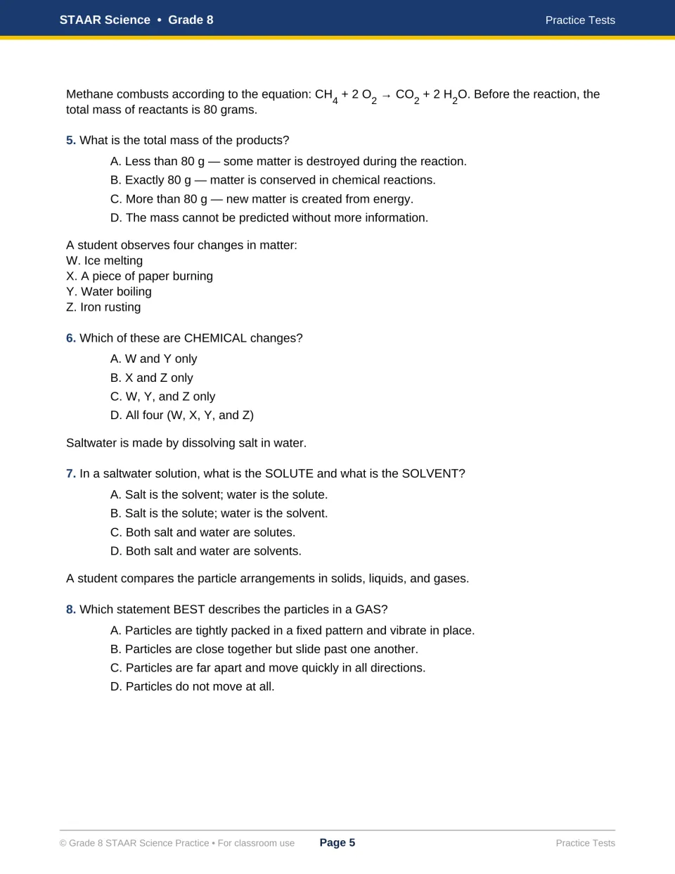 Test 1 questions 5–8 address conservation of mass, chemical changes, saltwater solutions, and gas particles