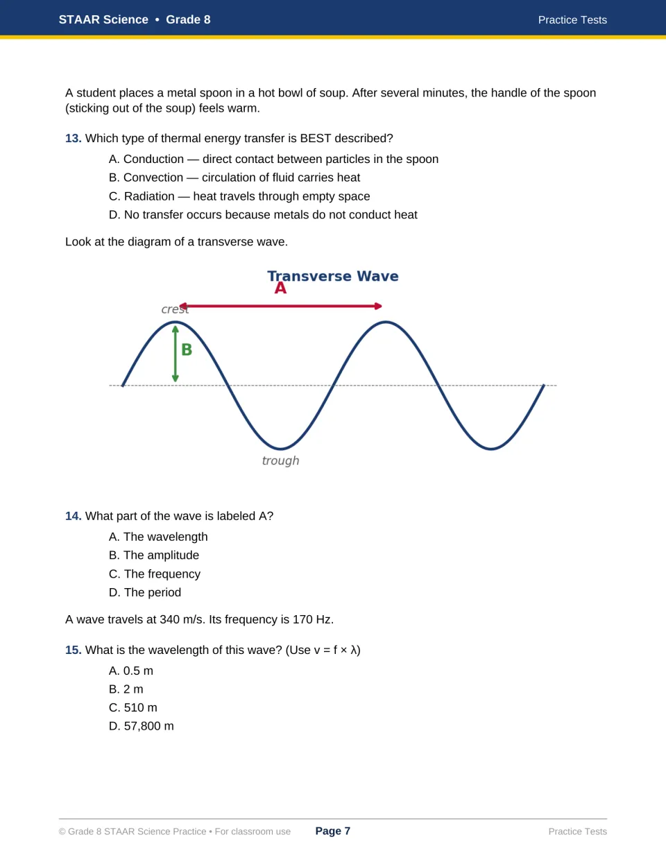 Test 1 questions 13–15 cover heat conduction and wavelength, including a transverse wave diagram labeled A and B