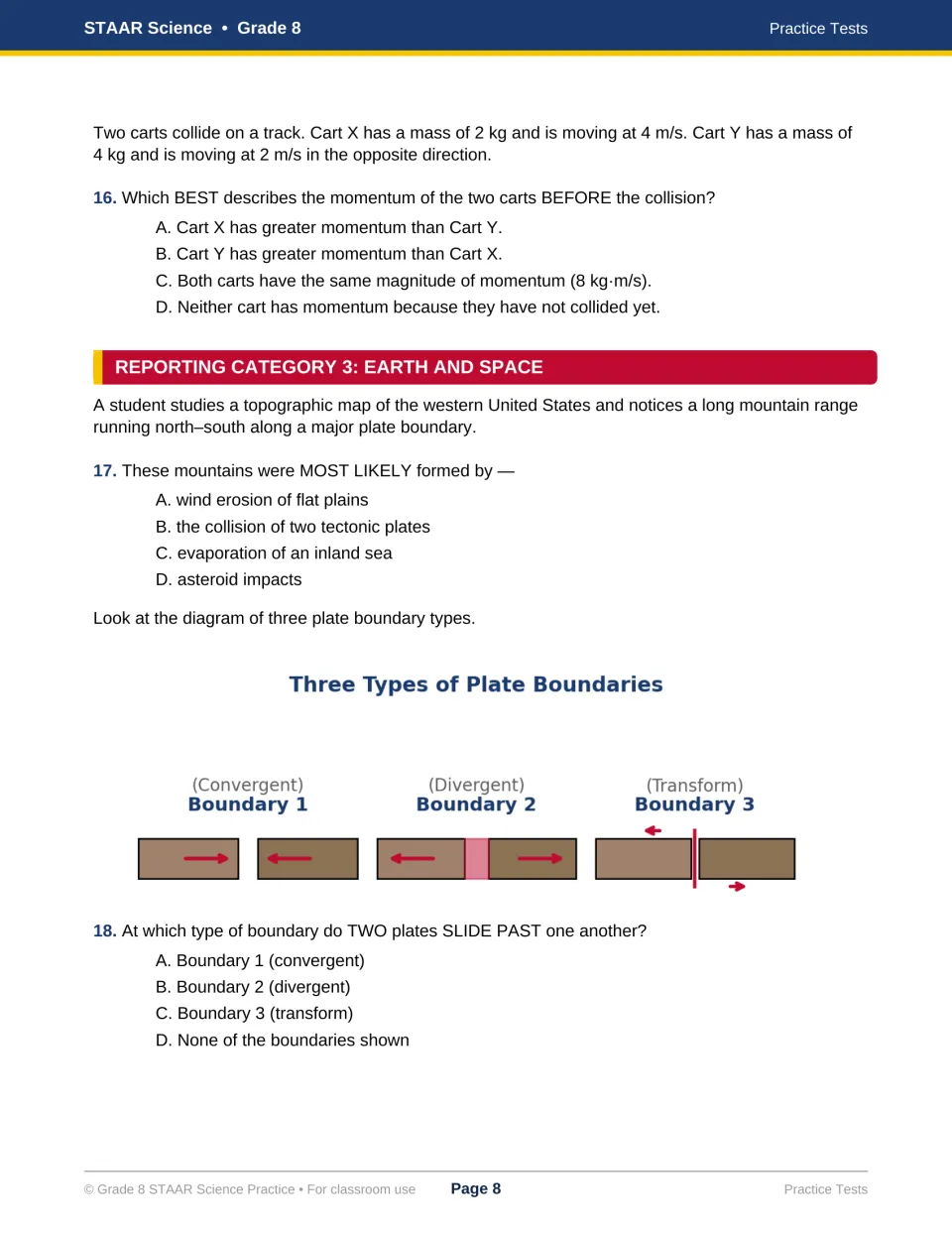 Test 1 questions 16–18 cover cart momentum, mountain formation, and a diagram of three plate boundary types