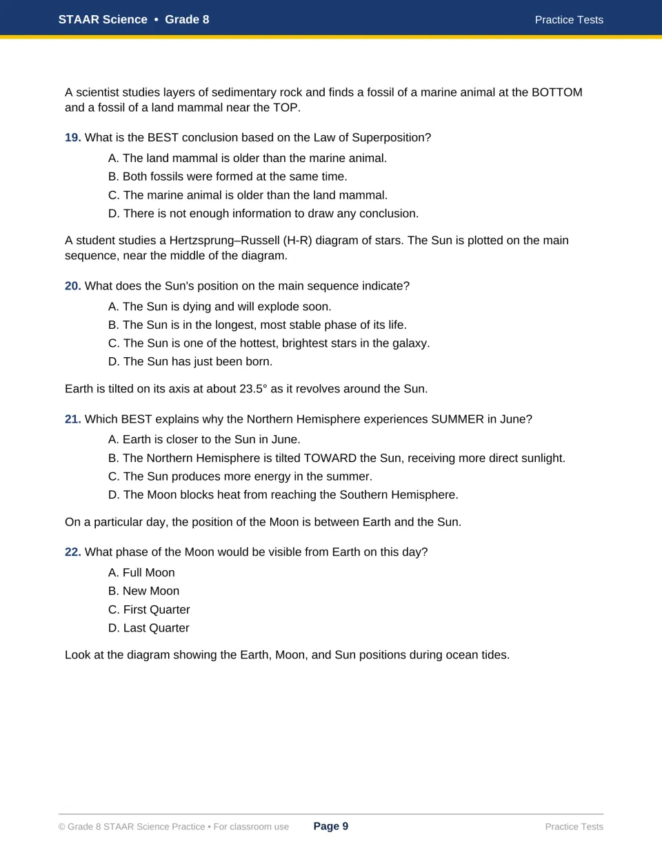 Test 1 questions 19–22 cover fossil age, the Sun’s main-sequence stage, summer in June, and the new Moon