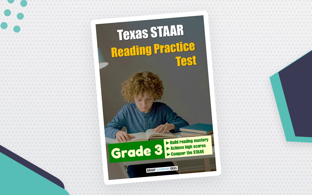 Dark Texas STAAR Reading Practice Test Grade 3 cover with a student writing at a desk and green and yellow mastery text.