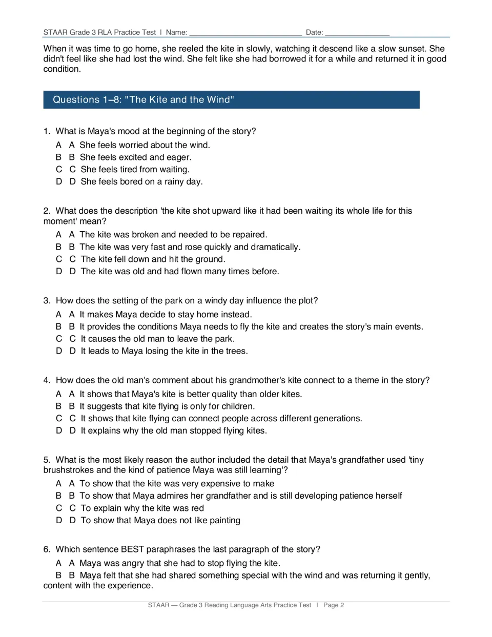 Kite and the Wind questions 1-6: multiple choice on mood, figurative language, setting, theme and paraphrasing