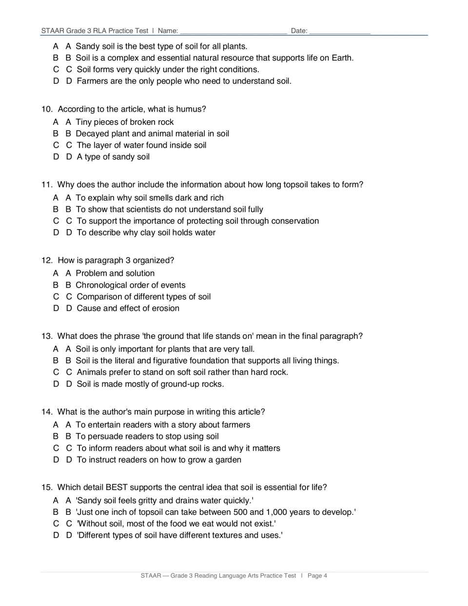 Soil article questions 9-15: students identify central idea, text structure, author's purpose and supporting details