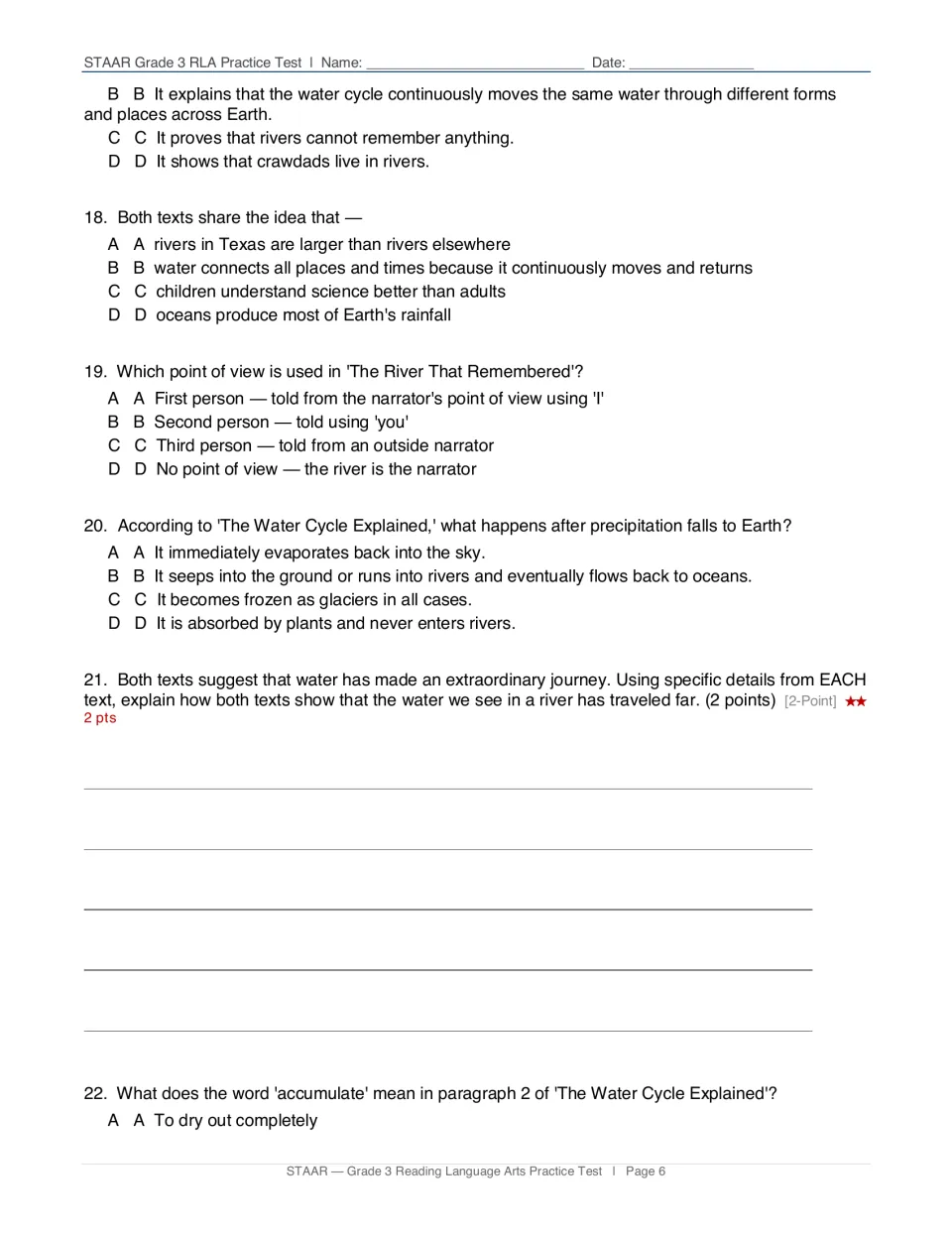 Paired-passage questions 18-22 on shared ideas, point of view and vocabulary, with a 2-point written response