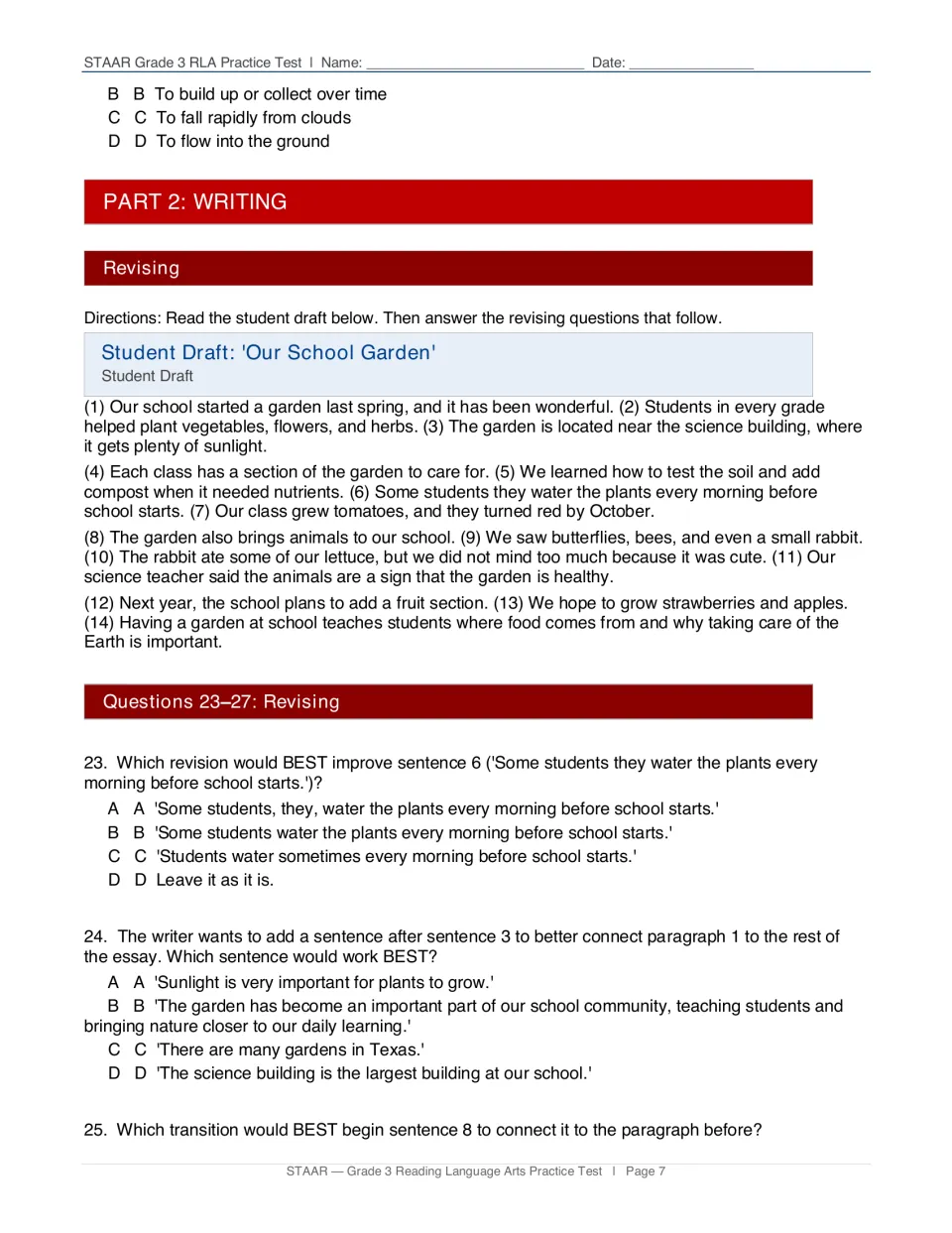 Writing revision: students read the draft Our School Garden and answer questions 23-25 on sentence fixes and transitions