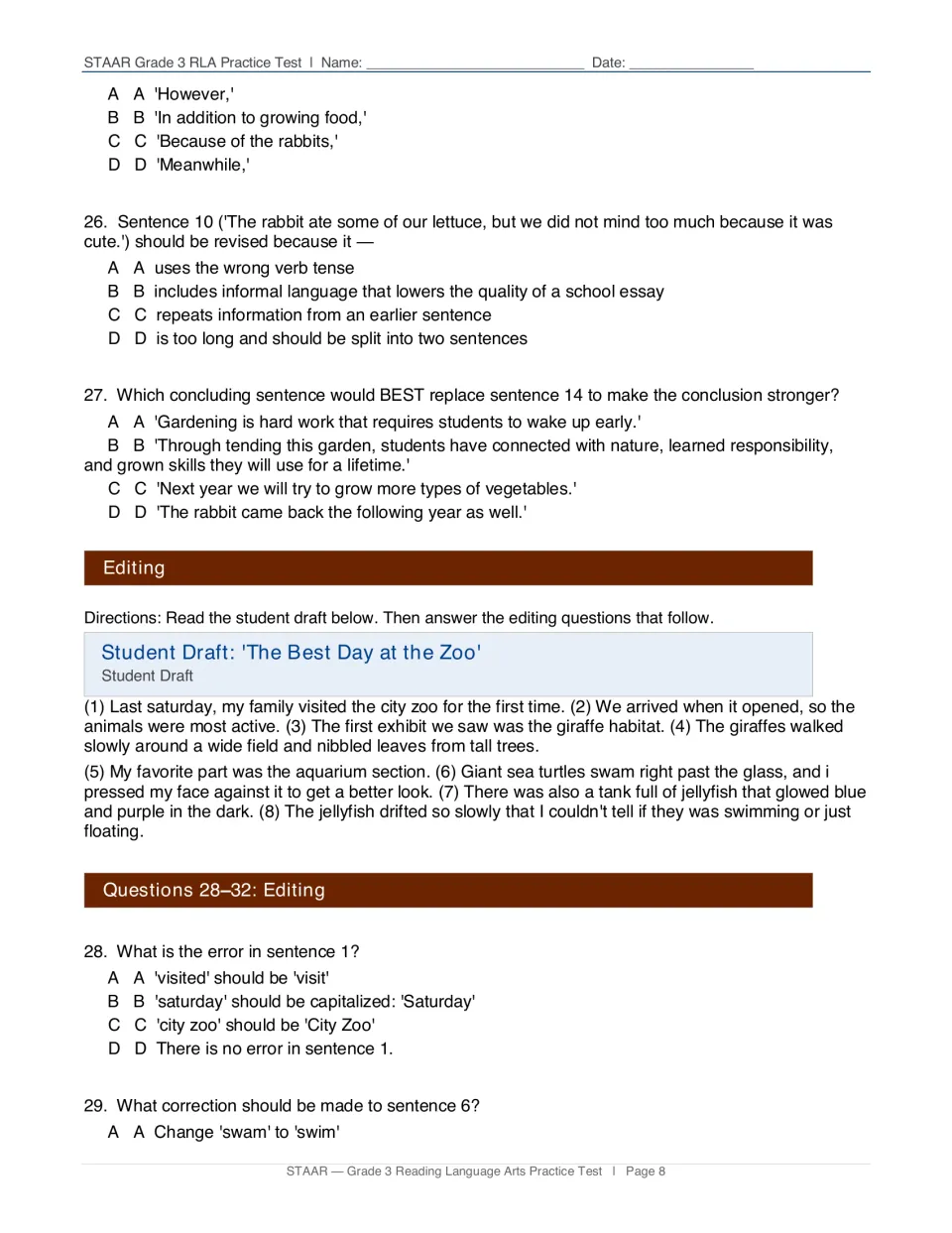 Revising questions 26-27 on informal language and conclusions, then a zoo visit draft for editing capitalization