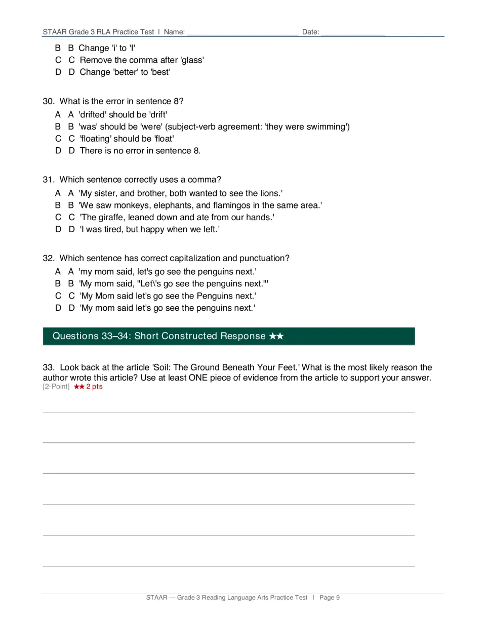 Editing questions 29-32 on capitalization, verb agreement and commas, plus a 2-point short response on the soil article