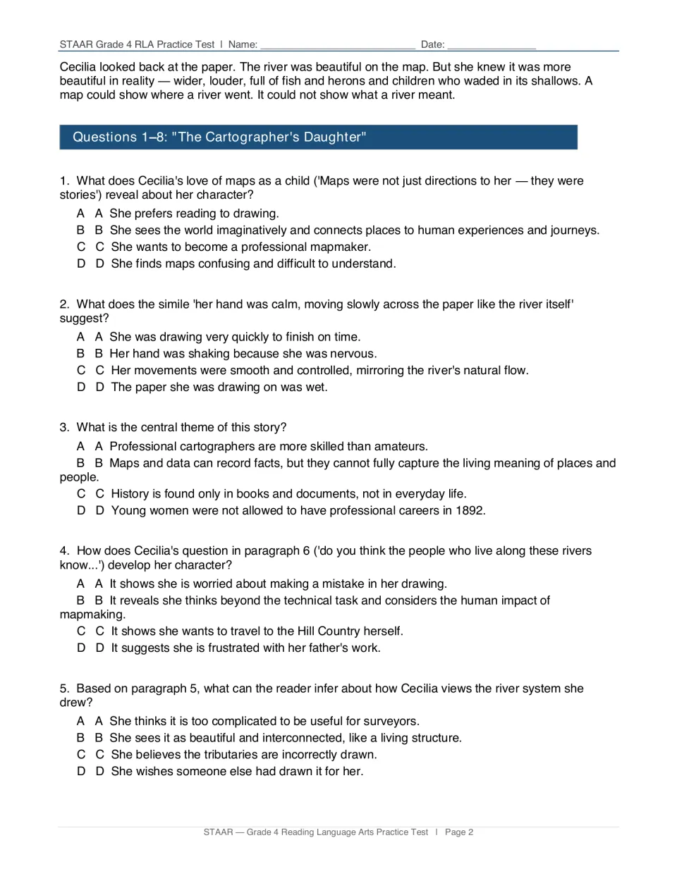 Questions 1-5 on 'The Cartographer's Daughter': students answer items on character, a simile, theme and inference