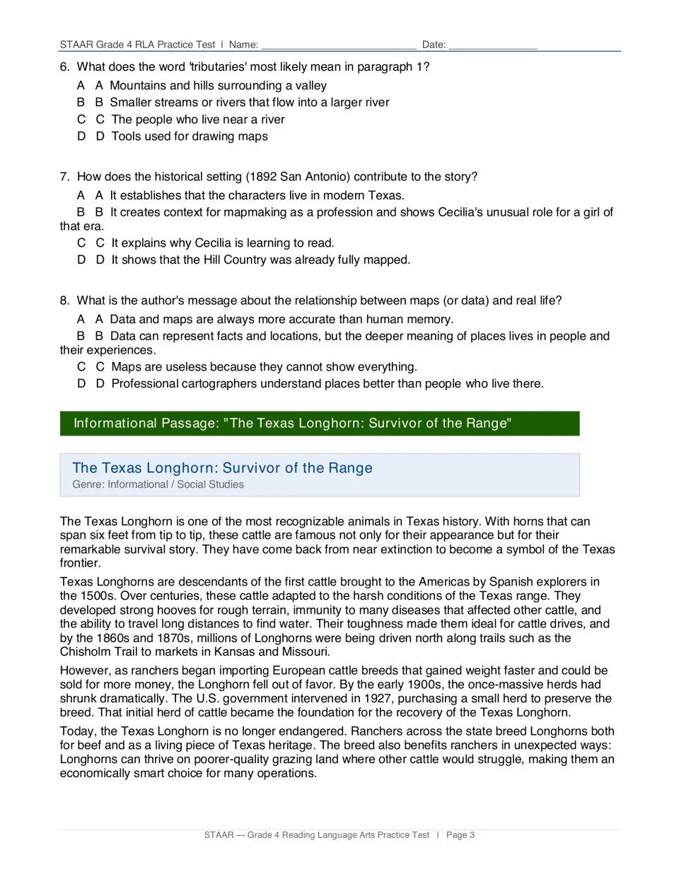 Questions 6-8 on word meaning, setting and theme, then informational article 'The Texas Longhorn: Survivor of the Range'
