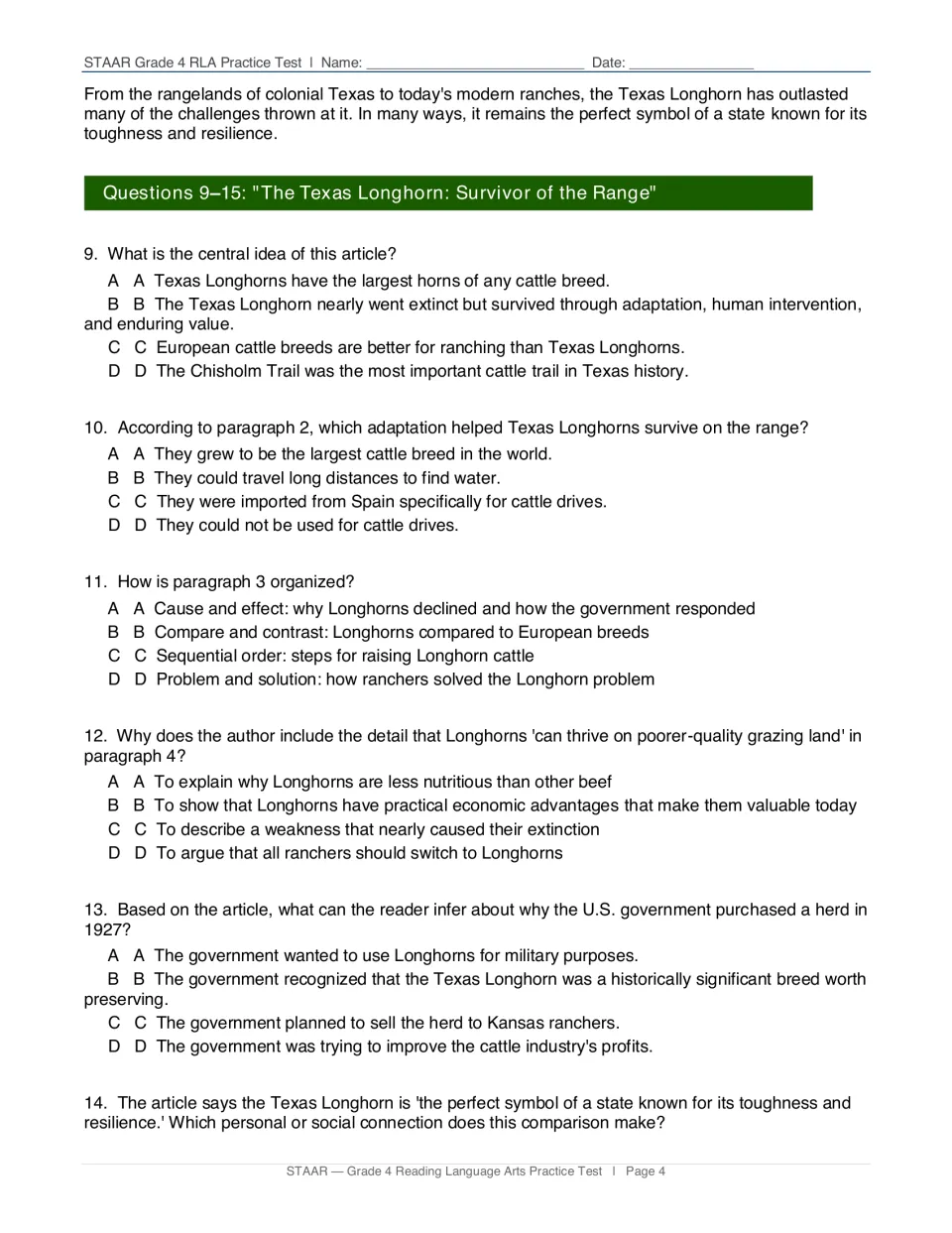 Texas Longhorn questions 9-14: students choose answers on central idea, key details, text organization and inference
