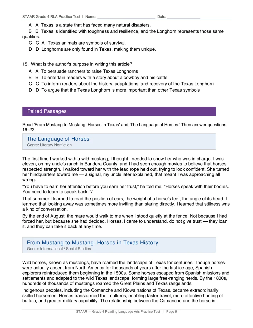 Longhorn questions 14-15 on author's purpose, then paired passages 'The Language of Horses' and 'From Mustang to Mustang'
