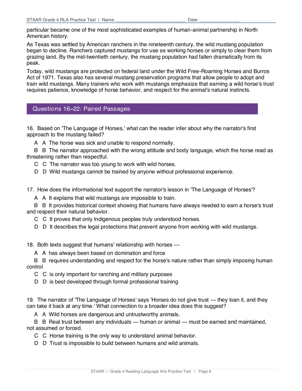 Paired passage questions 16-19: students infer and connect ideas about earning a wild horse's trust across both texts