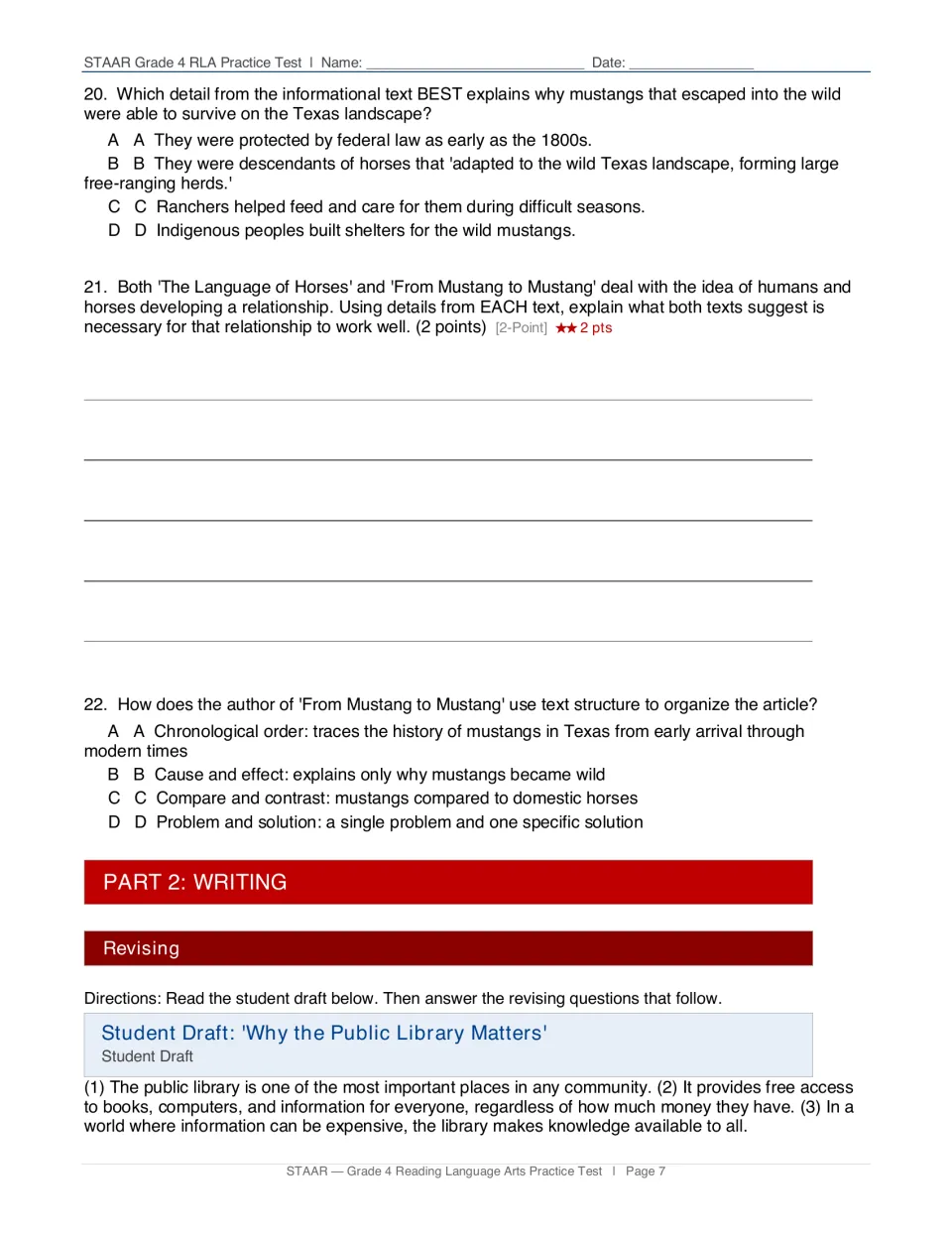 Questions 20-22 with a 2-point written response on both horse texts; Part 2 Writing opens with a library essay draft
