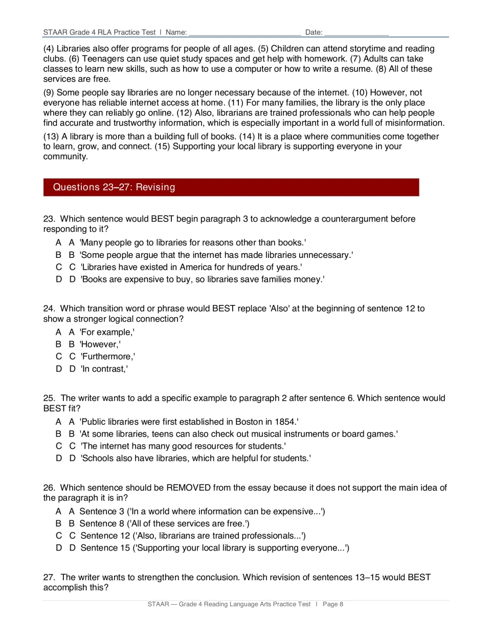Library essay revising, questions 23-27: students choose a counterargument, transition, example and sentence to cut
