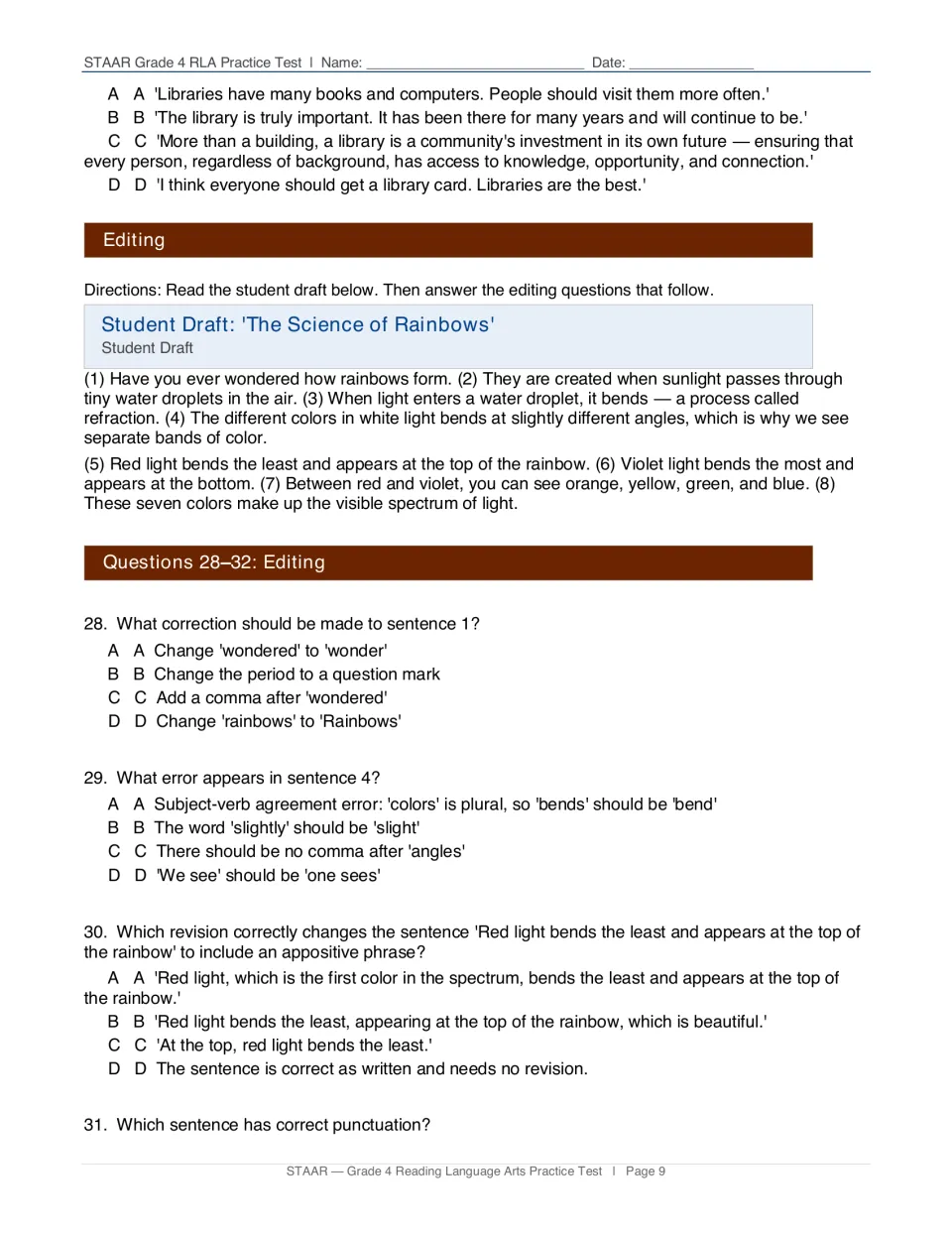 Editing draft 'The Science of Rainbows' with questions 28-31 on end punctuation, subject-verb agreement and appositives