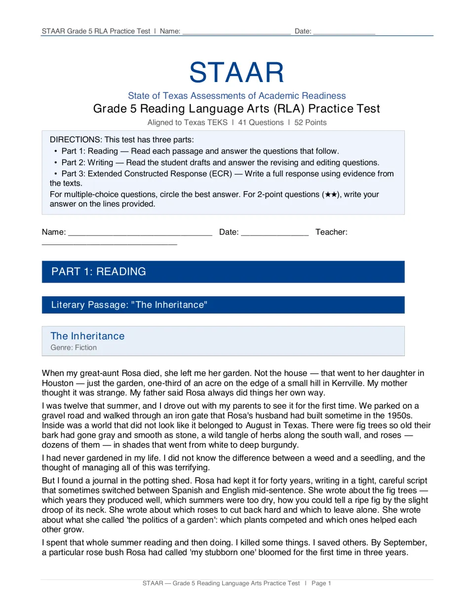 Test directions introduce three parts and 41 questions, followed by the fiction passage 'The Inheritance'