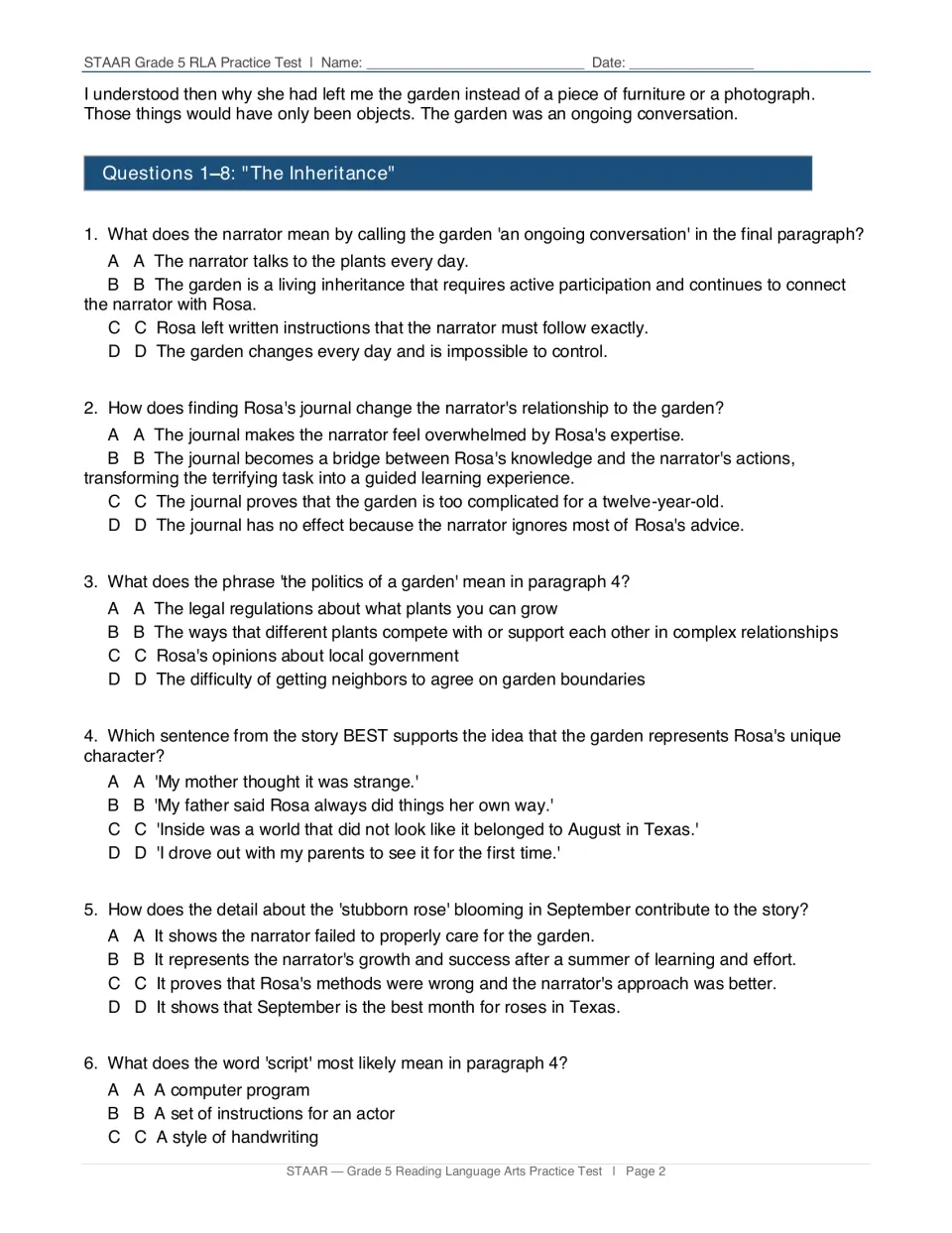 Reading test questions 1–6 follow the ending of 'The Inheritance,' covering meaning, evidence, and vocabulary