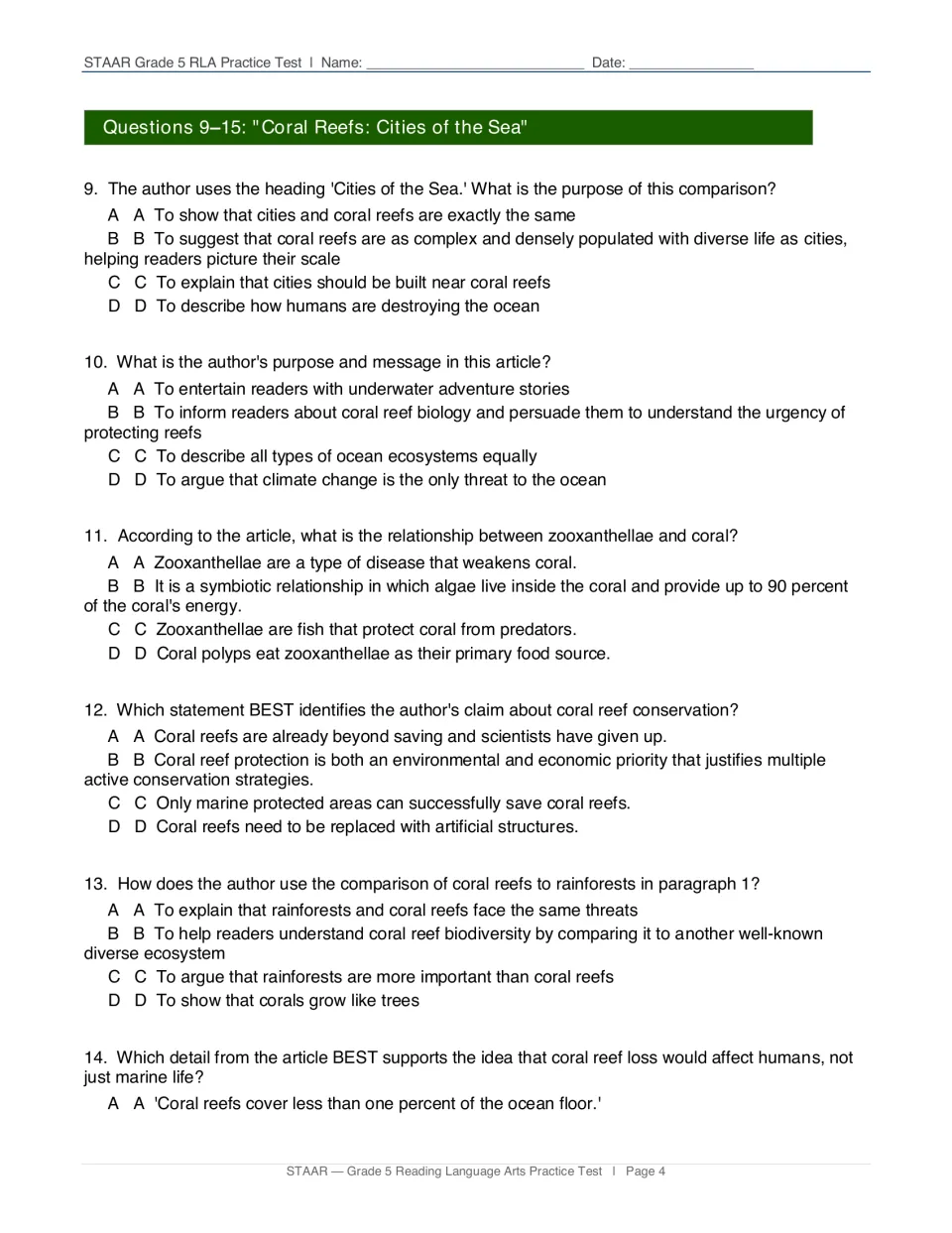 Reading questions 9–14 examine coral reef comparisons, author's purpose, symbiosis, conservation, and evidence
