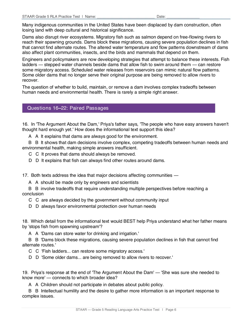 The dam informational passage concludes, followed by questions 16–19 comparing tradeoffs across both texts
