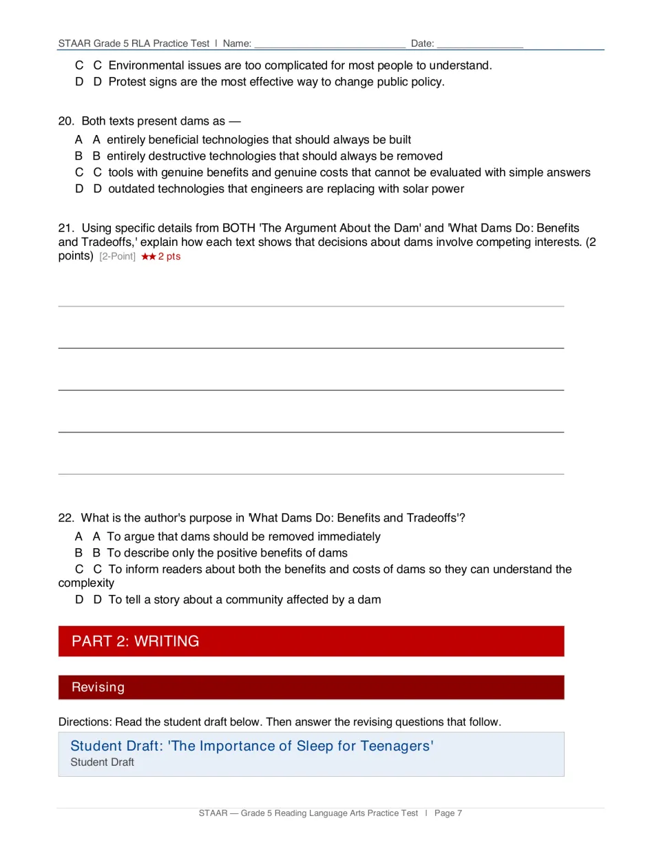 Paired-text questions 20–22 include a written response about dams, followed by the writing section introduction