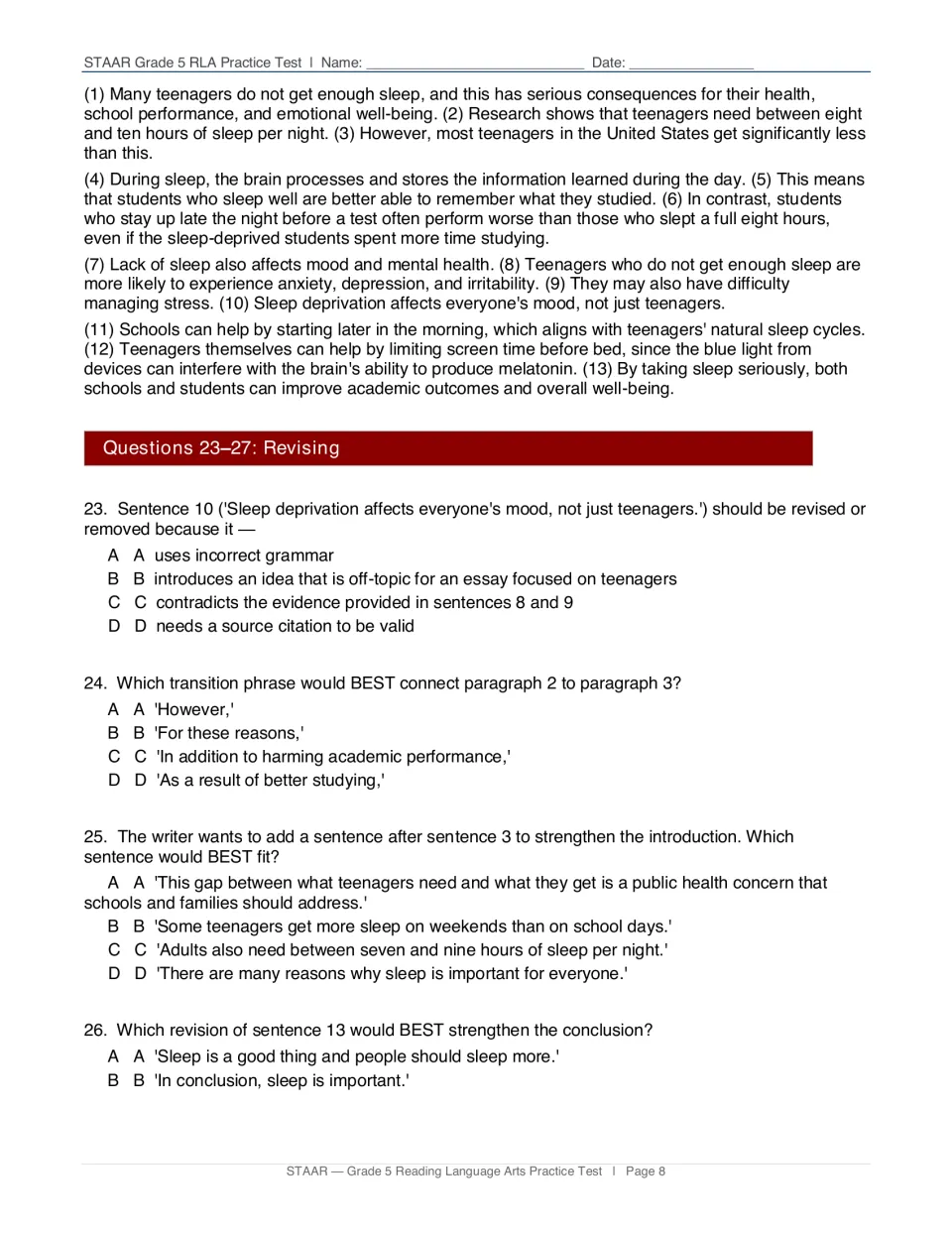 Revising draft 'The Importance of Sleep for Teenagers' precedes questions 23–26 on focus, transitions, and structure