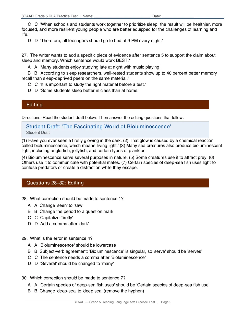 Revising ends with question 27; a bioluminescence editing draft introduces questions 28–30 on punctuation and verbs