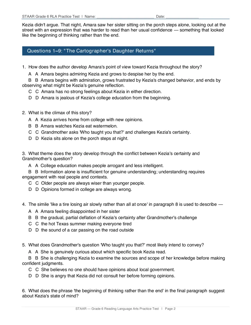 Conclusion of Amara and Kezia's story and questions 1–6 on point of view, climax, theme, and language