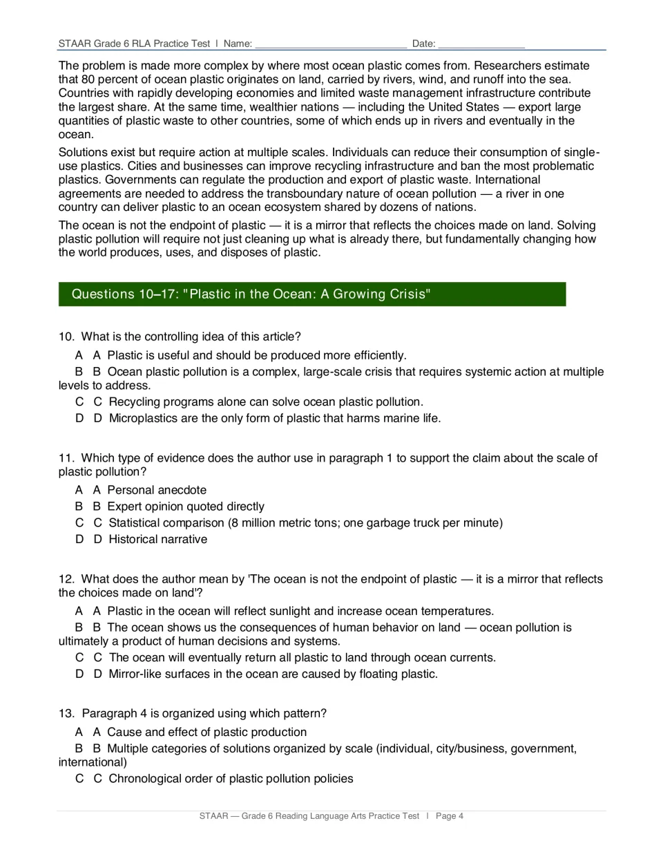 Ocean plastic passage conclusion and questions 10–13 on controlling idea, evidence, metaphor, and structure