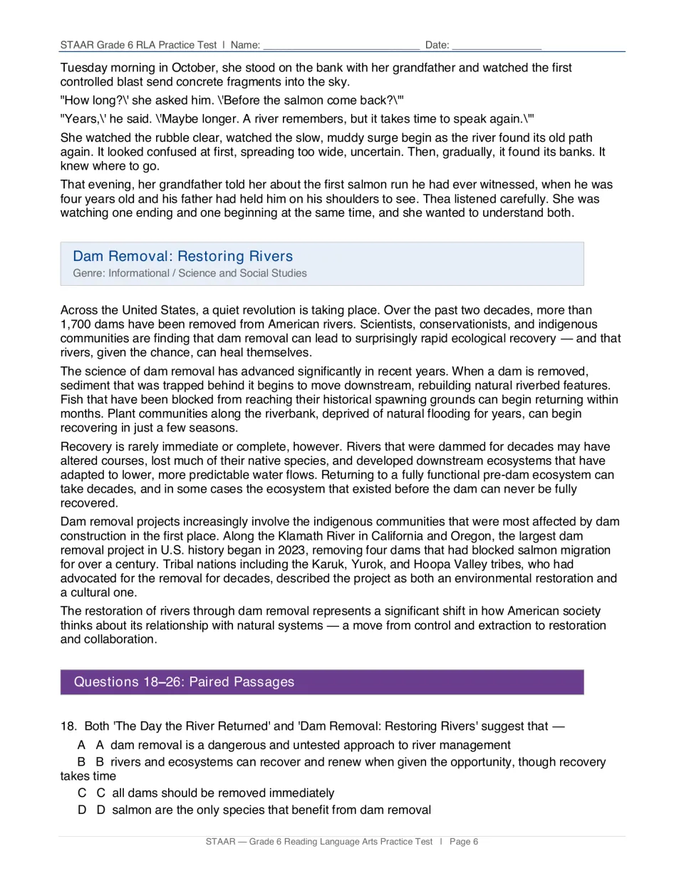 The Day the River Returned concludes; Dam Removal: Restoring Rivers follows with comparison question 18