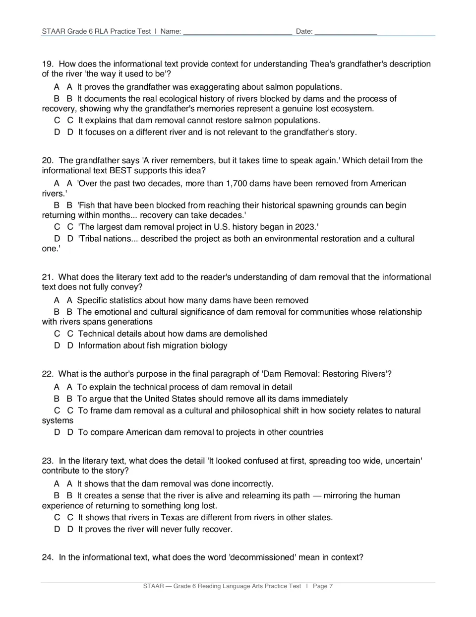 Paired-passage questions 19–24 examine river restoration, supporting evidence, author's purpose, and vocabulary