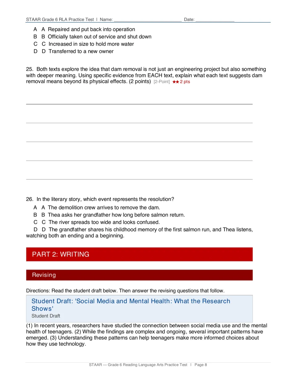 Reading questions 24–26 include a two-point response; writing begins with a social media and mental health draft