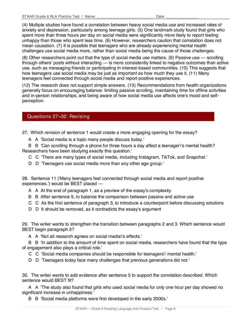 Social media and mental health draft continues, followed by revising questions 27–30 on opening and organization