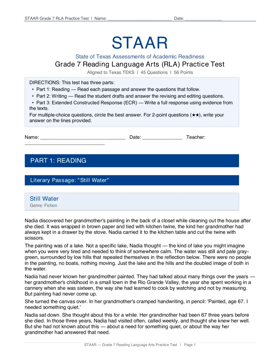 STAAR RLA directions for 45 questions in three parts, then Part 1 begins with the fiction passage Still Water about Nadia