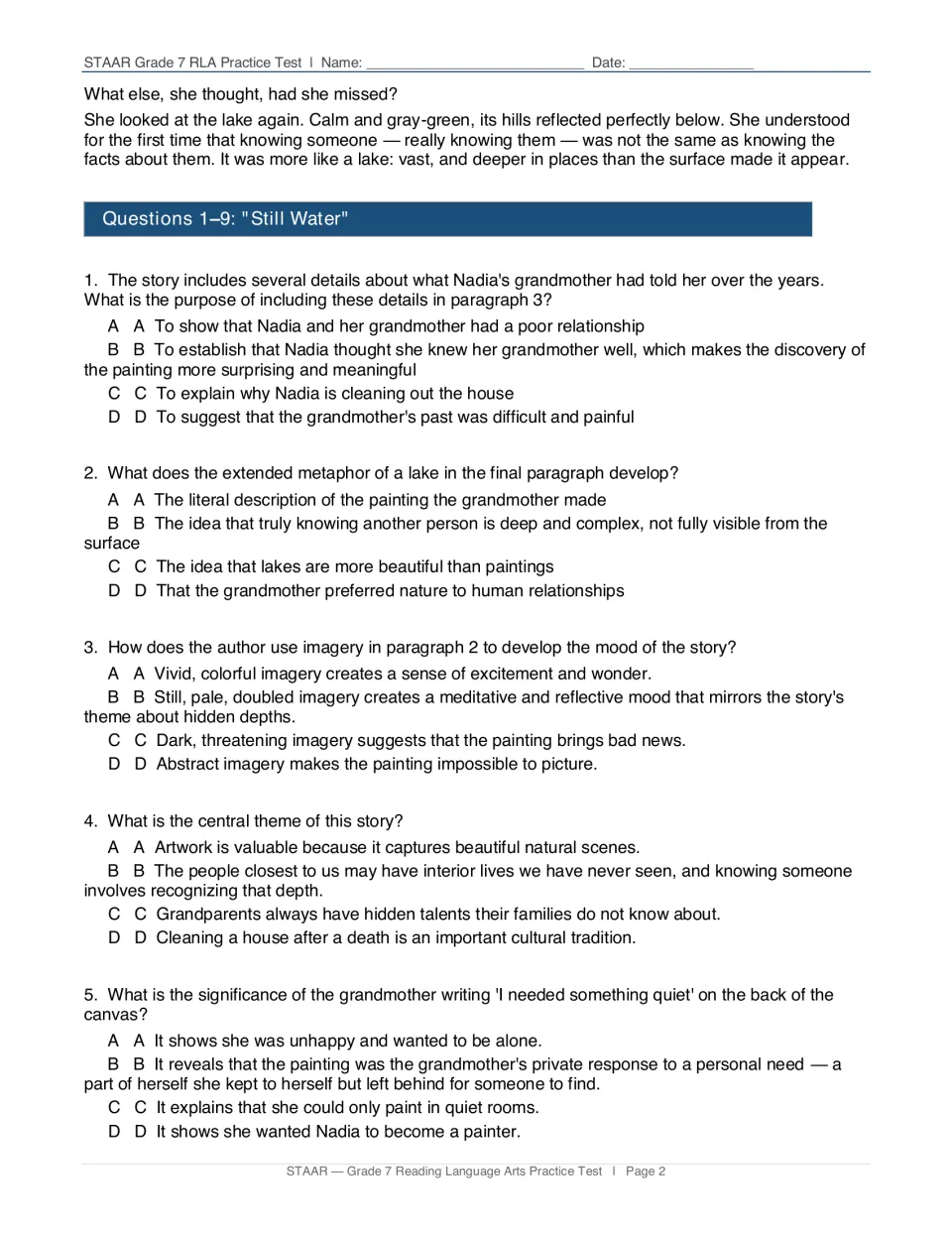 Still Water questions 1-5: students choose answers on author's purpose, extended metaphor, imagery and mood, and theme